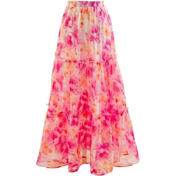 Women's Floral Print Tiered Layered Long Skirt Pink - Picture 1 of 5